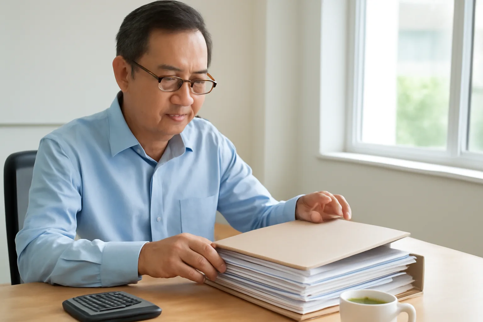 Kế toán trung niên mở lại tập hồ sơ quyết toán năm trước trên bàn làm việc buổi chiều