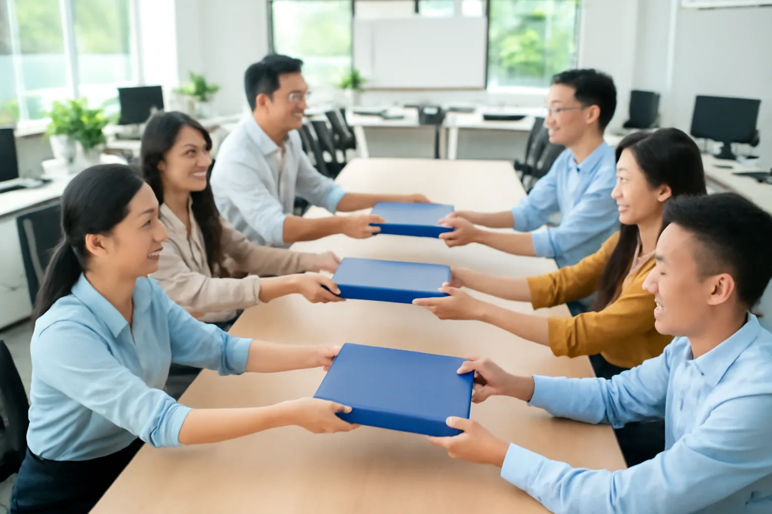 Nhân viên nhiều phòng ban quanh bàn dài chuyền tay nhau các bìa hồ sơ