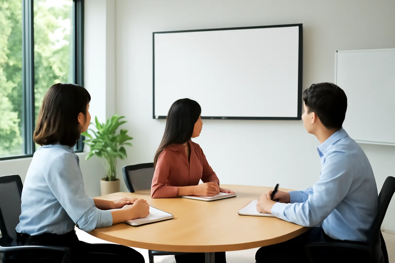 Nhóm kế toán theo dõi phiên họp trên màn hình lớn trong phòng họp công ty