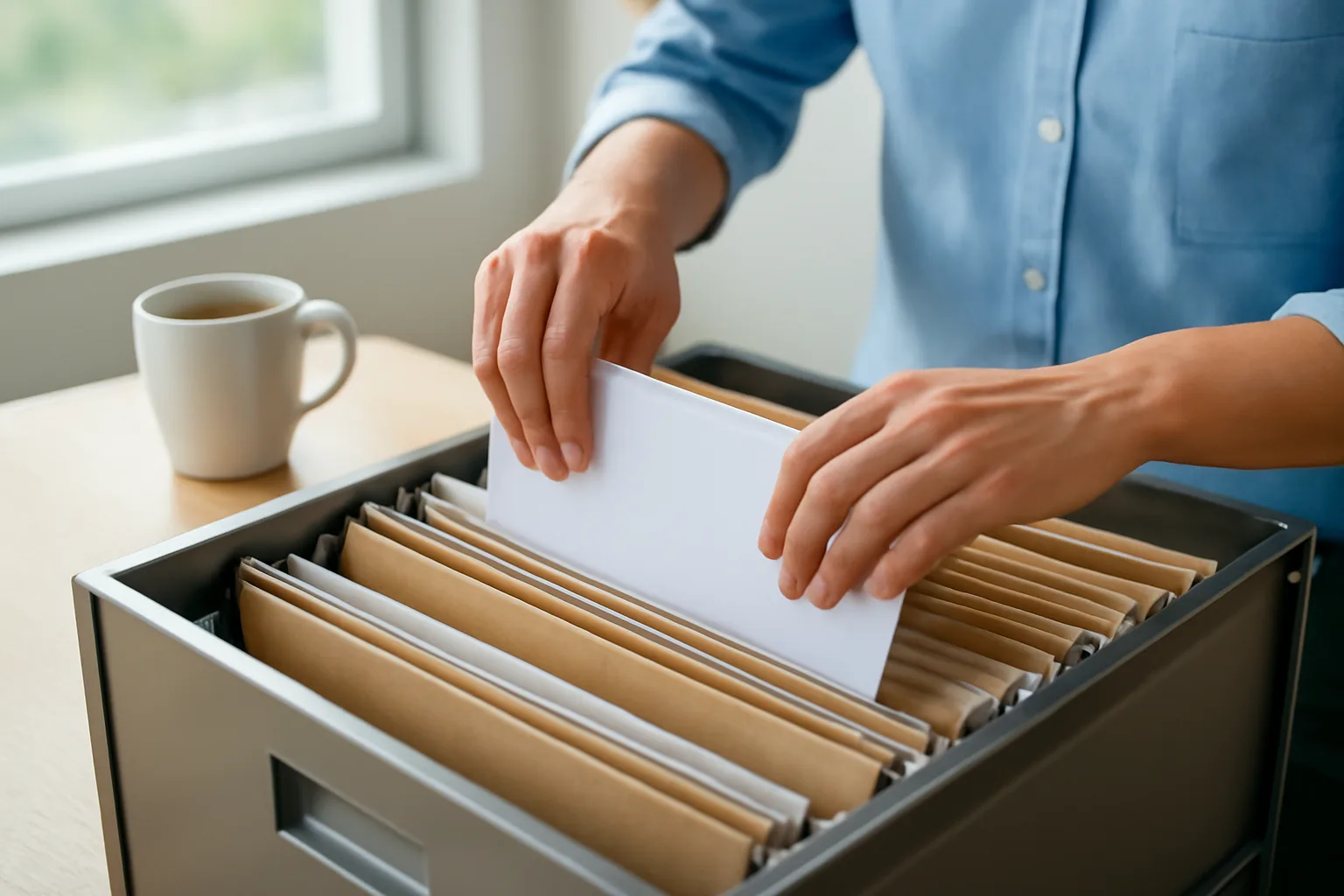 Bàn tay xếp các tờ giấy úp mặt vào ngăn kéo hồ sơ kim loại