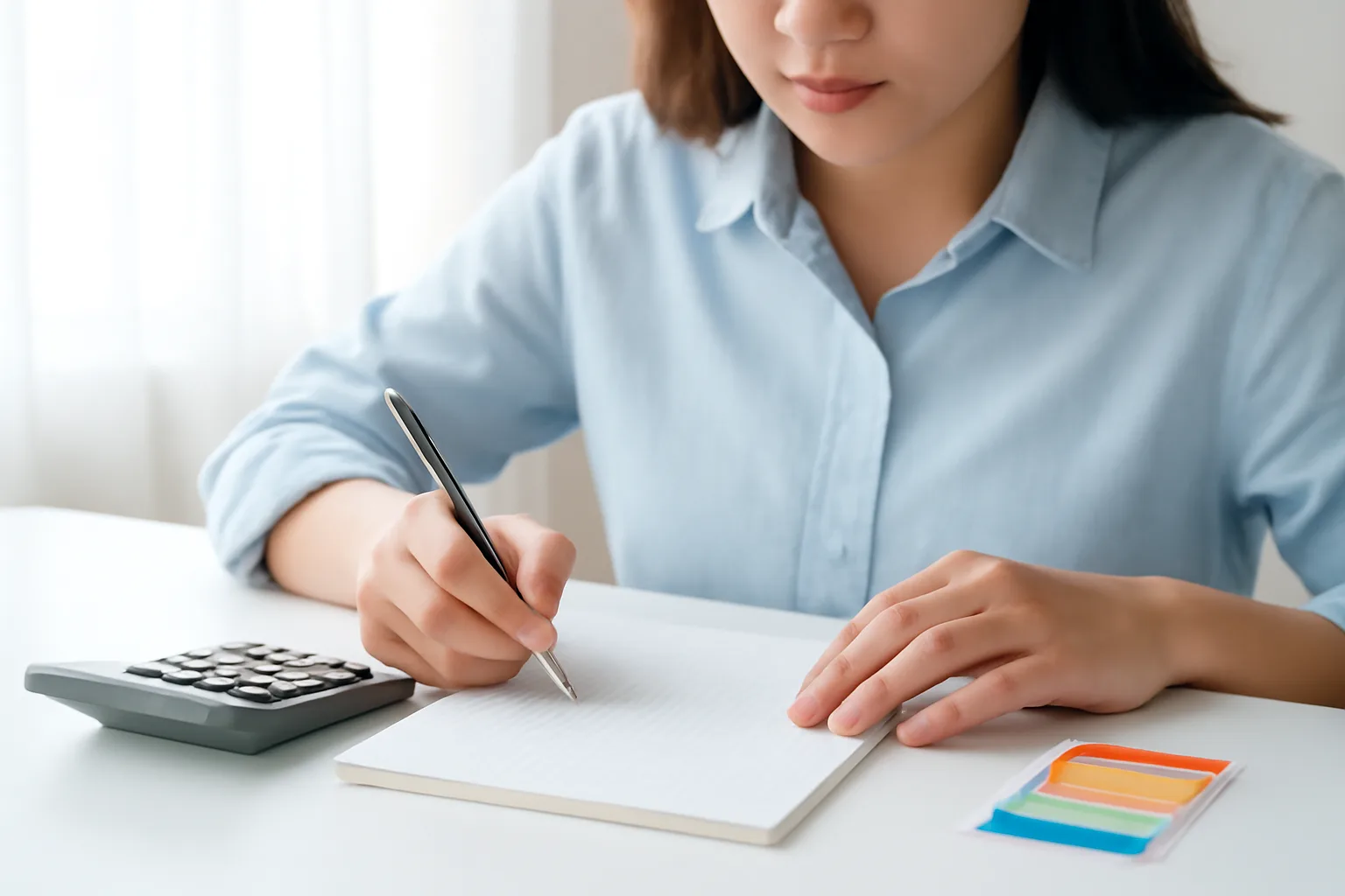 Kế toán dùng bút đếm từng ô trên tờ giấy kẻ ô trống, bên cạnh máy tính bỏ túi