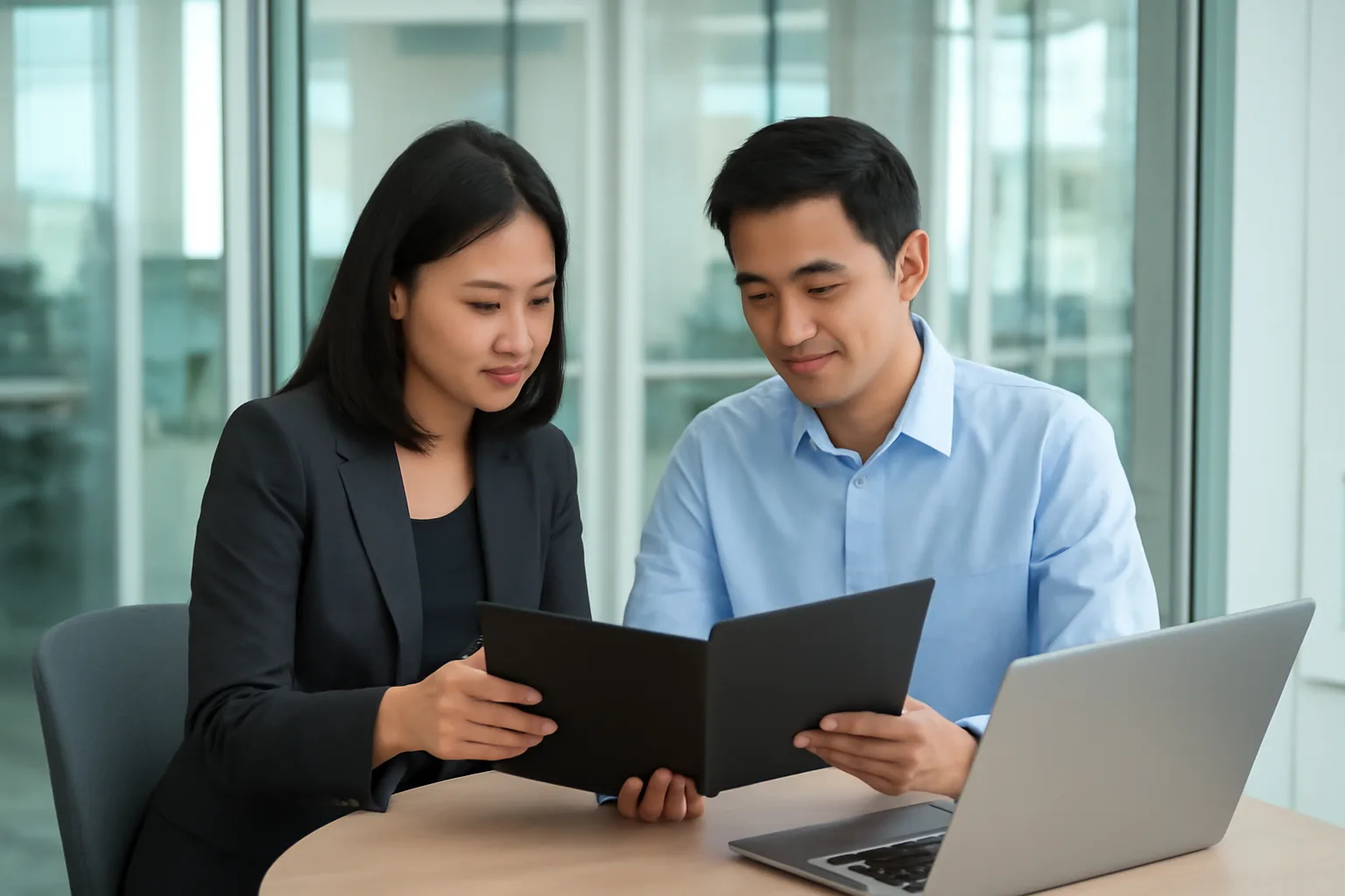 Kế toán và luật sư nội bộ trao đổi bên màn hình máy tính trong phòng làm việc kính