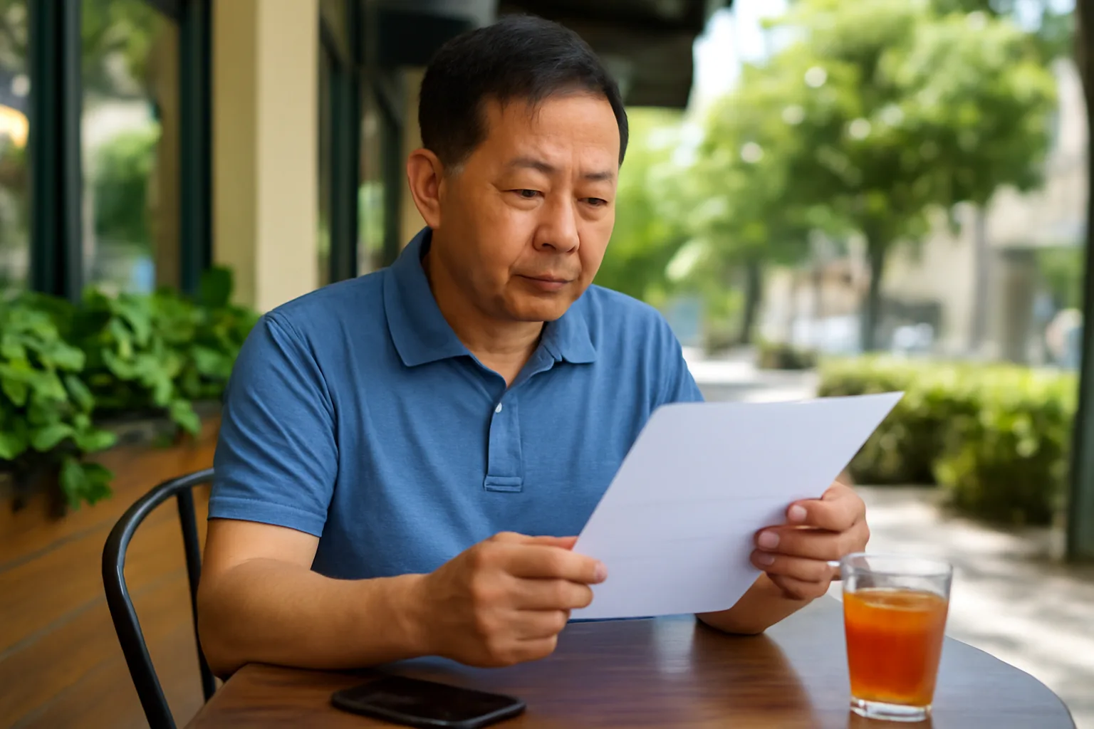 Người đàn ông đọc một tập giấy in gấp đôi ở bàn cà phê ngoài hiên, điện thoại úp mặt