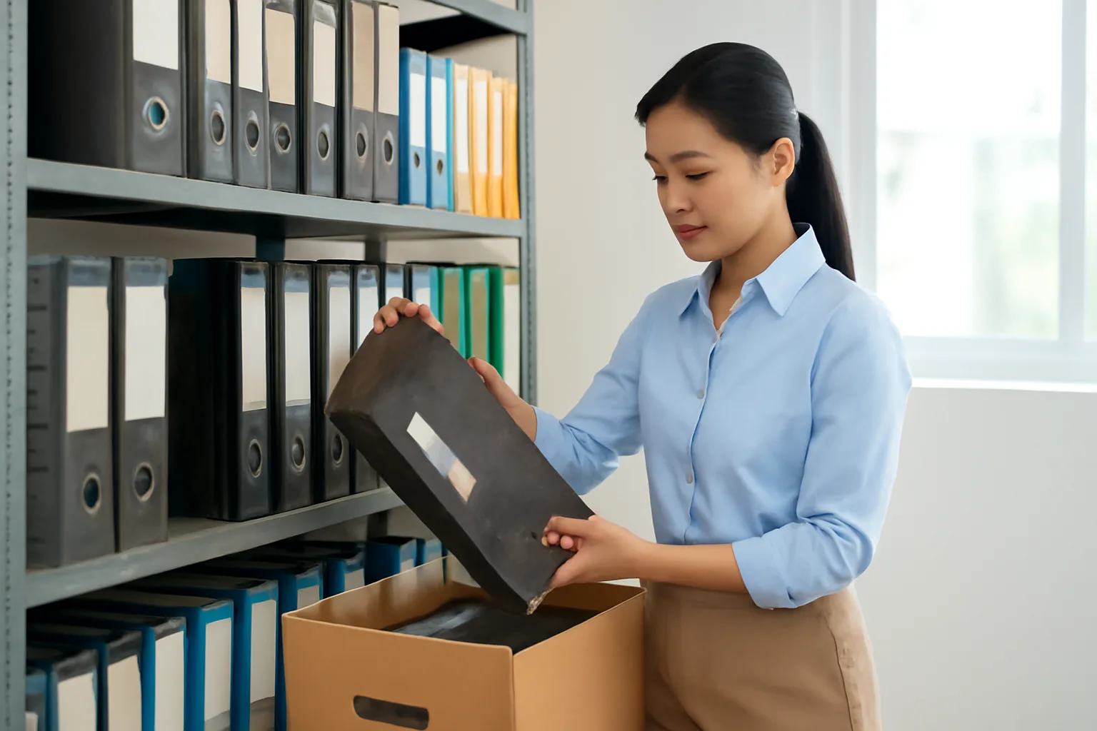 Nhân viên văn phòng chuyển các bìa hồ sơ cũ vào thùng lưu trữ trong kho sáng