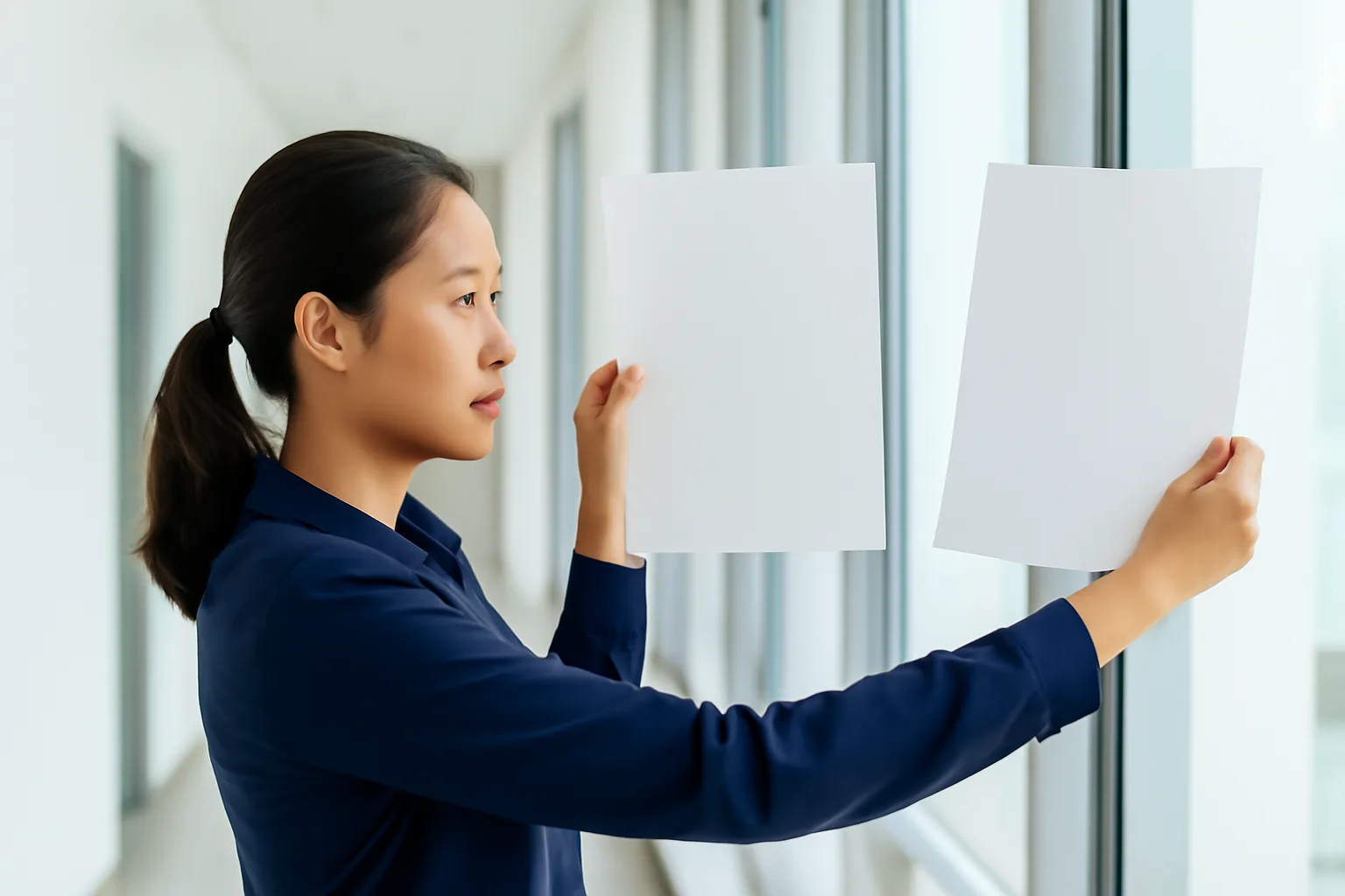 Nhân viên pháp chế giơ hai bản in lên trước cửa sổ để so từng trang