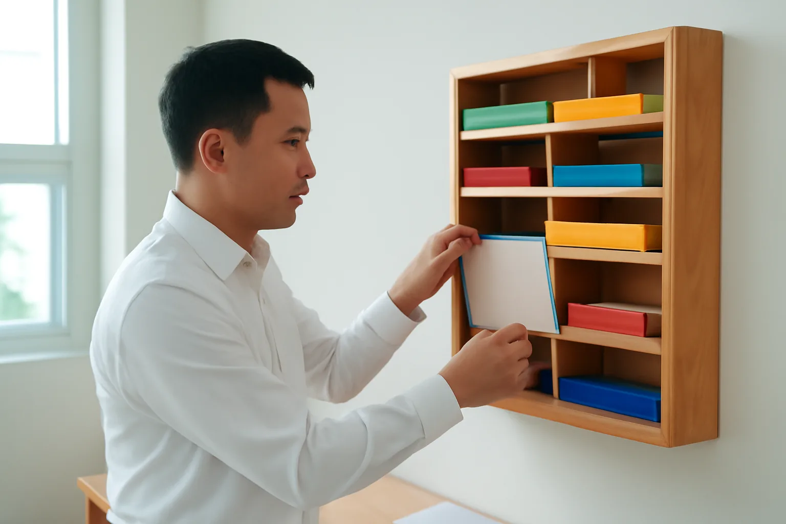 Người phụ trách hành chính xếp hồ sơ vào các ngăn đánh dấu màu trên kệ