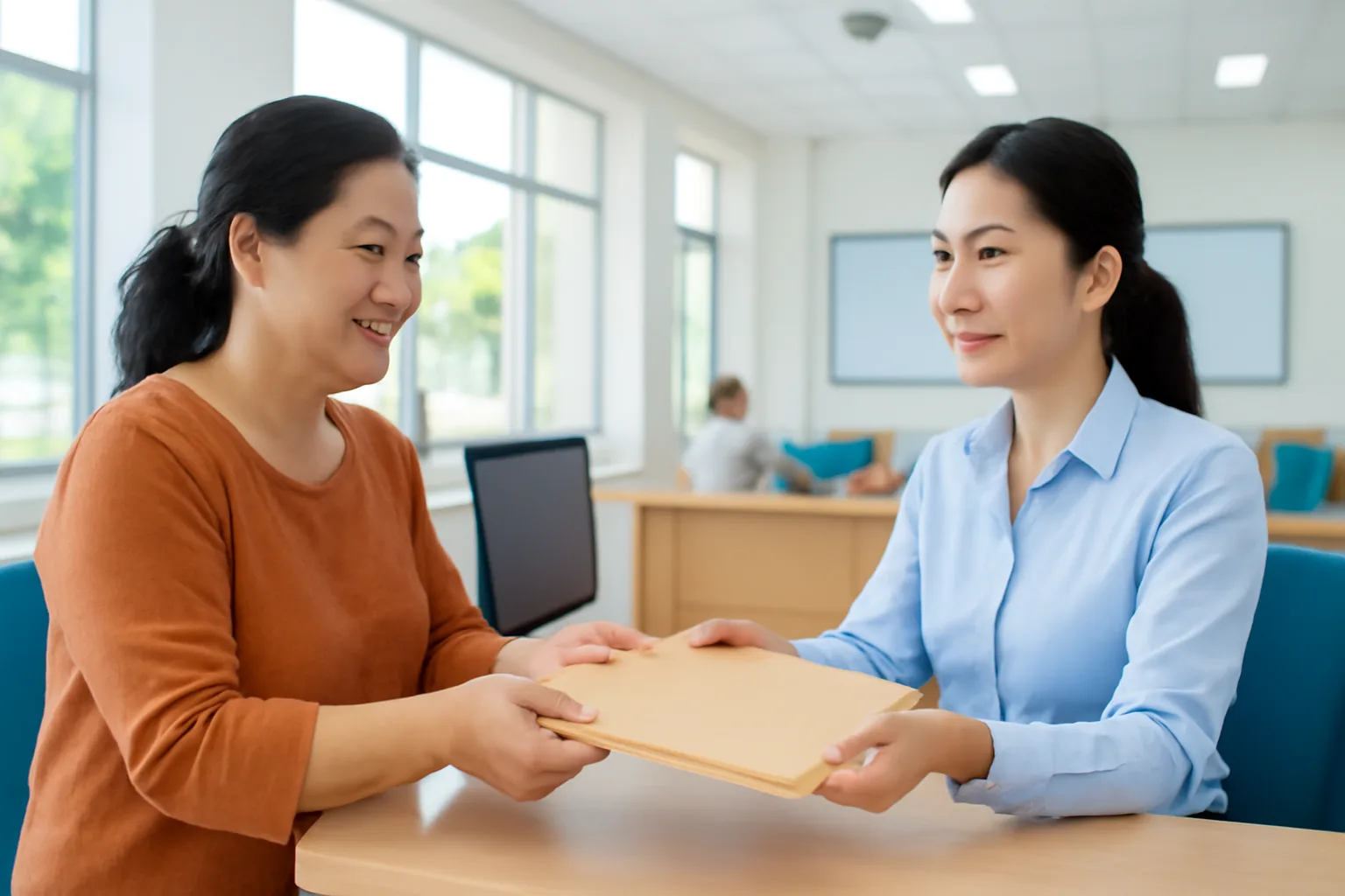 Chủ hộ kinh doanh đưa bìa hồ sơ cho cán bộ tại quầy một cửa sáng sủa