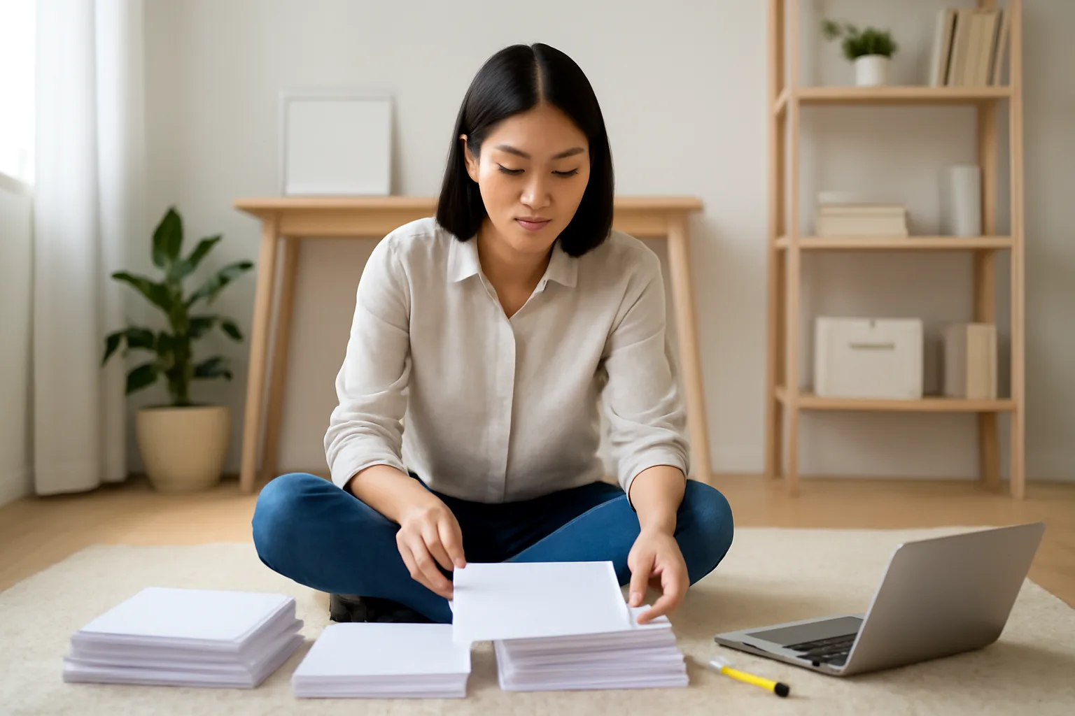 Kế toán ngồi trên thảm, xếp các bản in thành ba chồng bên máy tính xách tay