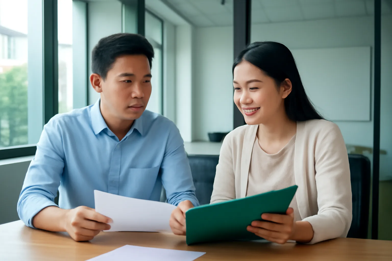 Hai đồng nghiệp ngồi cạnh nhau trao đổi bên xấp giấy trắng và cặp tài liệu trong phòng họp nhỏ