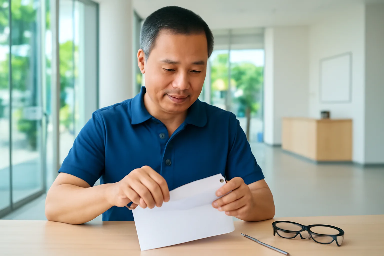 Chủ doanh nghiệp mở phong bì công văn tại bàn tiếp khách của công ty