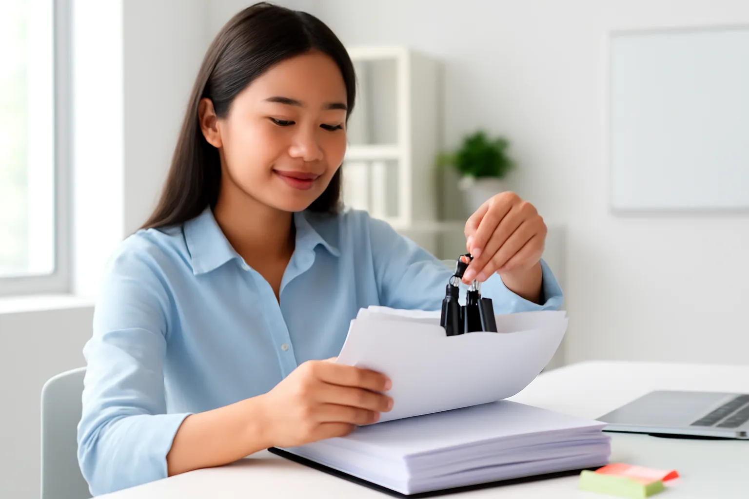 Kế toán ghép các trang tài liệu thành một tập dày bằng kẹp gáy trên bàn