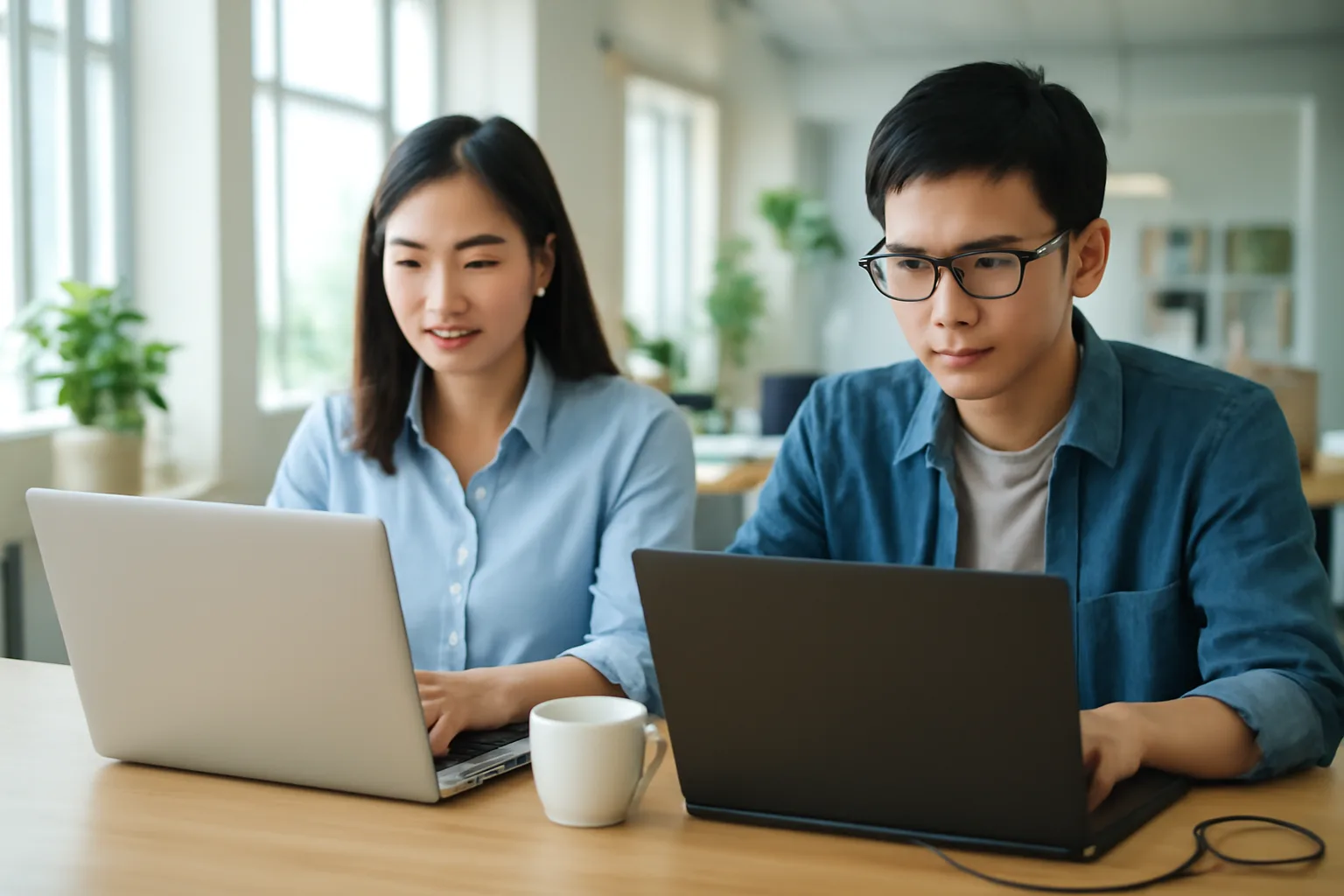 Nhân viên kế toán và nhân viên kỹ thuật cùng thử nghiệm trên hai máy tính xách tay
