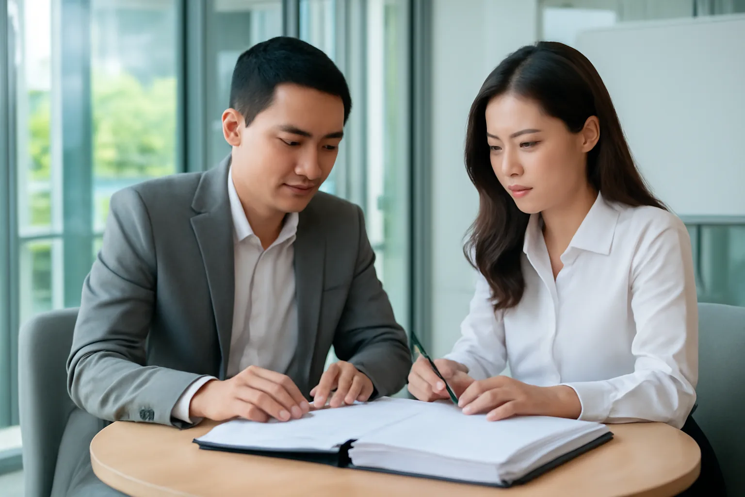 Chủ doanh nghiệp và trưởng phòng nhân sự rà một tập hợp đồng ở bàn tròn trong phòng họp kính