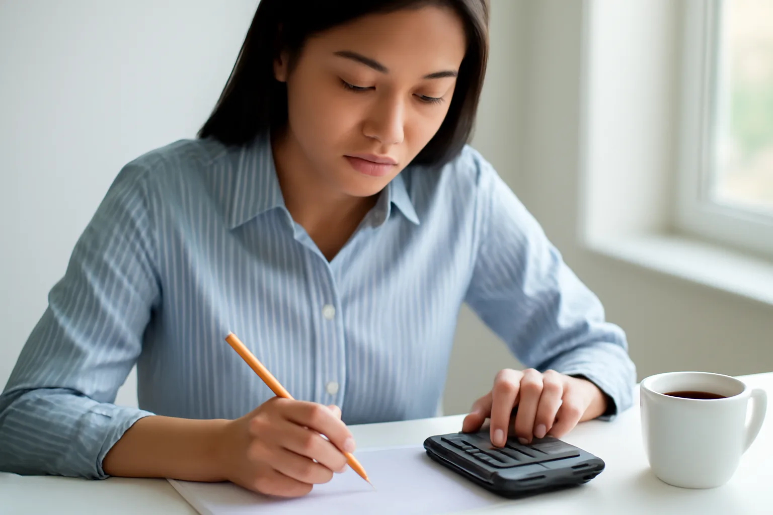 Kế toán trẻ dùng máy tính bỏ túi và bút chì tính trên giấy kẻ ô trống bên cốc cà phê